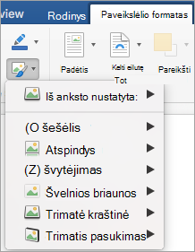 Rodomos meniu Paveikslėlių efektai parinktys