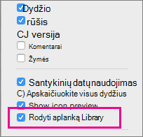 Parametras Rodyti bibliotekos failus ieškiklio rodinio parinktyse