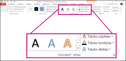Juostelėje esančios „WordArt“ stilių komandos