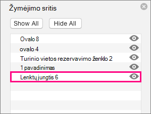 Žymėjimo srities sąrašo apačioje rodoma jungtis