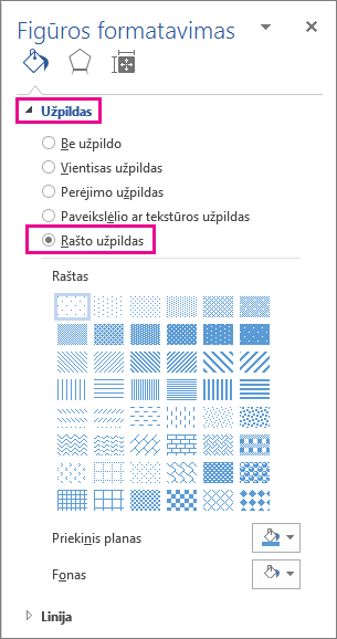 Pattern Fill pasirinkimas srityje Formatuoti figūrą