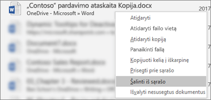 Kontekstinis meniu, kurį matote dešiniuoju pelės mygtuku spustelėję failą, esantį vėliausiai naudotų failų sąraše