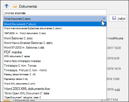 Spustelėkite failo tipo išplečiamąjį meniu ir pažymėkite kitą dokumento failo formatą