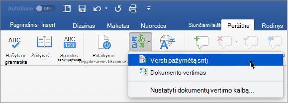 Peržiūros skirtukas su paryškinta pasirinktos srities vertimo parinktimi