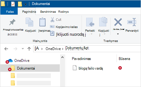 Failų naršyklė, rodanti „OneDrive“ sinchronizavimo programa klaidą