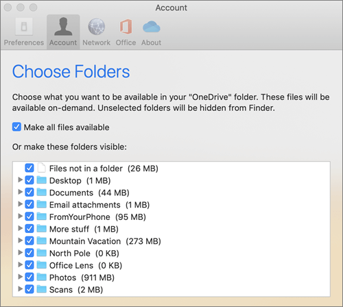 Dialogo langas Pasirinkti aplankus, esantis „„OneDrive“““ Preferences window