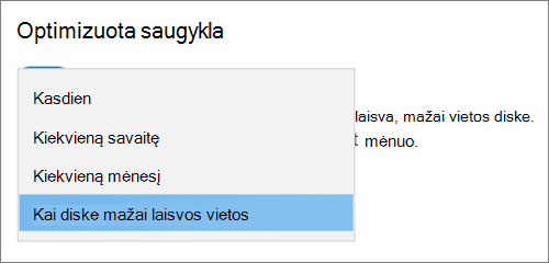 Windows 10 saugyklos išplečiamasis meniu Optimizuotos saugyklos paleidimo dažnumo pasirinkimas