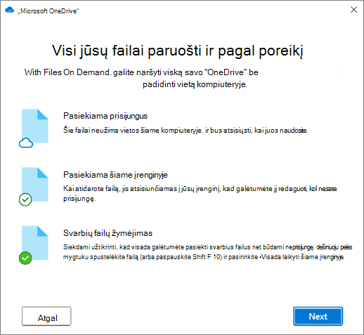 The Files on Demand screen in the Welcome to „OneDrive“ wizard