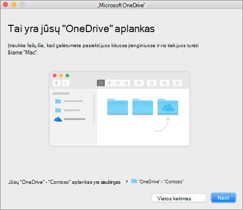 Vediklio „Sveiki! Čia „„OneDrive““ ekrano „Tai yra jūsų „„OneDrive““ aplankas“ „Mac“ kompiuteryje, pasirinkus aplanką, ekrano nuotrauka