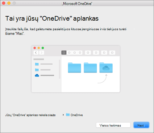 Vediklio „Sveiki! Čia „„OneDrive““ puslapio „Tai yra jūsų „„OneDrive““ aplankas“ „Mac“ kompiuteryje ekrano nuotrauka