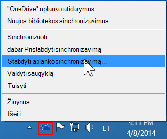 Komanda Stabdyti aplanko sinchronizavimą... programos „OneDrive“ verslui meniu