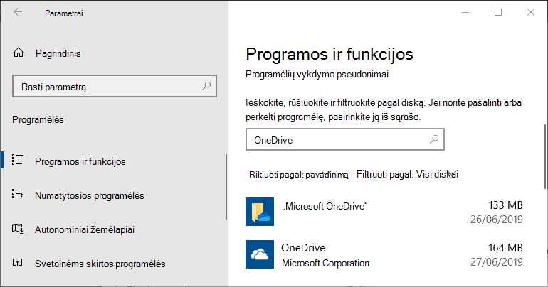 „„OneDrive““ „Windows“ programėlių parametruose