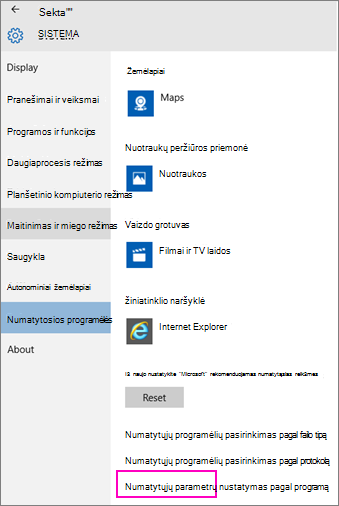 „Windows 10“ parametro Nustatyti numatytąsias taikomąsias programas ekrano nuotrauka.