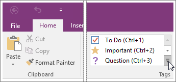 Žymių sąrašo programoje „OneNote 2016“ ekrano nuotrauka.