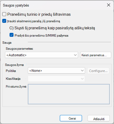 Pažymėkite žymės langelius šalia Į šį pranešimą įtraukti skaitmeninį parašą ir Prašyti S/MIME pažymos