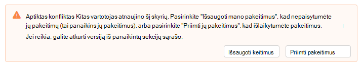 Ekrano kopija, kurioje rodomas konfliktas Aptiktas įspėjimas 