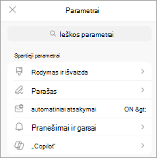 Rodomi mobiliojo įrenginio parametrai, o dalyje Spartieji parametrai nurodyta 