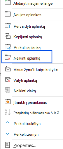 Naršymo srityje pasirinktos parinkties Naikinti aplanką ekrano nuotrauka.