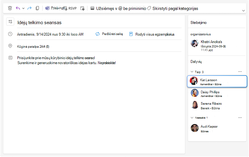 Vaizde rodoma susitikimų stebėjimo sritis, kurioje galima matyti visus kiekvieno pakviestojo atsakymus ir naują papildomą informaciją apie tai, ar kiekvienas dalyvis dalyvaus asmeniškai, ar virtualiai.