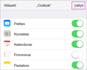 Paskyros sinchronizavimo parametrai