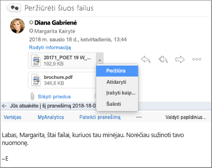 Skaitymo srityje paryškintas pranešimas su priedu