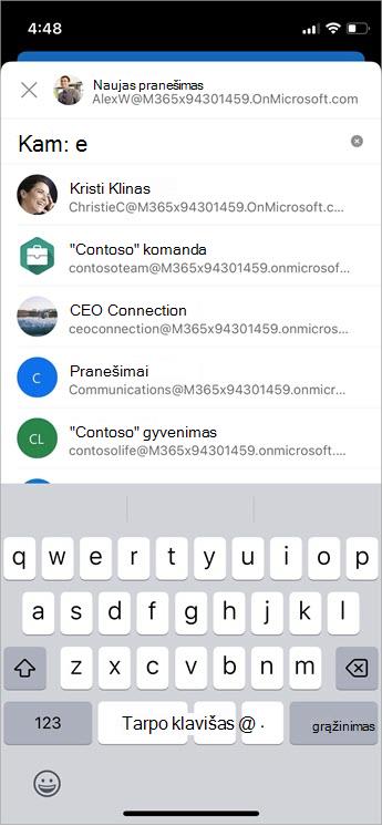 Siūlomų Kam, Kopija ir Nematoma kopija gavėjų laukų valdymas naudojant automatinį užbaigimą Mobiliojo įrenginio ekrano kopija