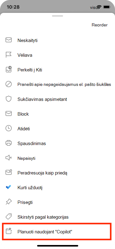 Planuoti iš el. pašto galima pasirinkti meniu Daugiau veiksmų