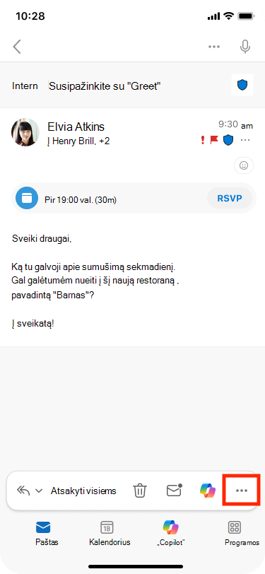Daugiau veiksmų yra apatiniame dešiniajame įrankių juostos kampe