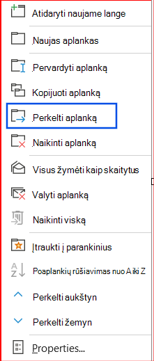 Naršymo srityje pasirinktos parinkties Perkelti aplanką ekrano nuotrauka.