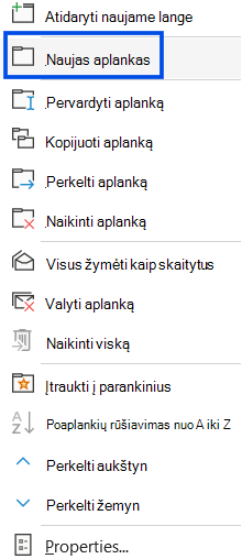 Ekrano kopija, kurioje rodomas naujo aplanko pasirinkimas klasikinės 