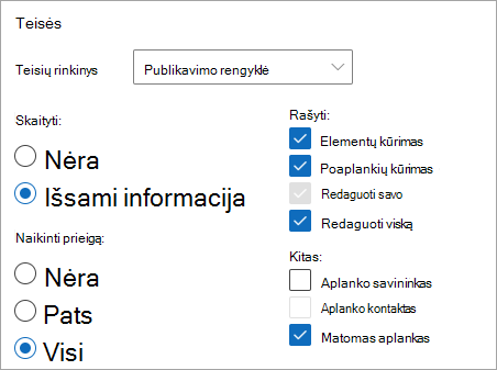 Ekrano kopija, kurioje rodoma publikavimo rengyklė, pasirinkta kaip teisių lygis