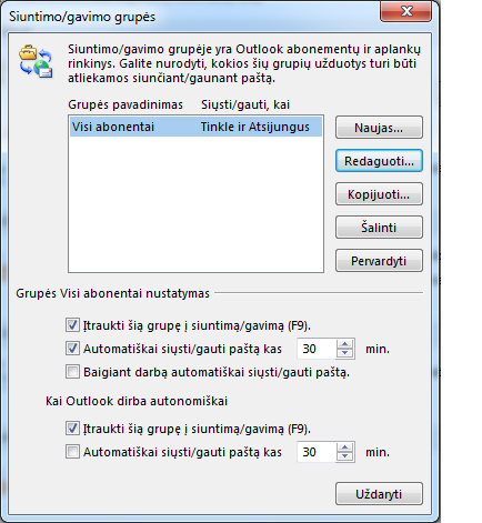 Dialogo langas Siuntimo/gavimo parametrai