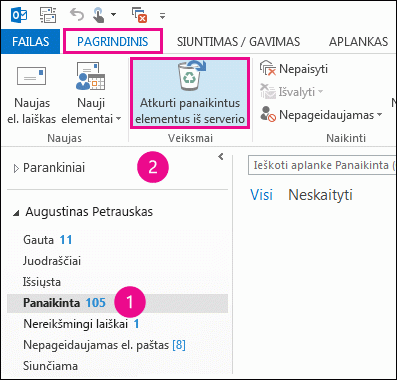 Pasirinkite aplanką Panaikinti elementai ir spustelėkite Atkurti elementus iš serverio