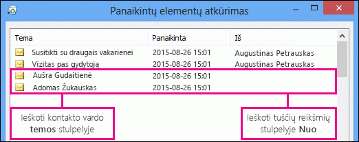 Rūšiavimas pagal stulpelį Tema arba Nuo, norint rasti kontaktus