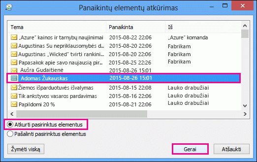 Pasirinkite atkurtiną kontaktą ir spustelėkite Gerai
