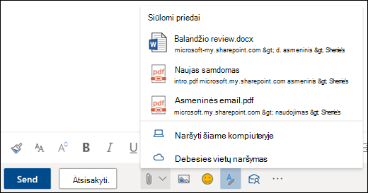 Failų pridėjimas, kuriuose rodomi siūlomi priedai