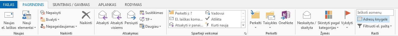 Adresų knygelė yra juostelės dešinėje pusėje, skirtuke Pagrindinis.