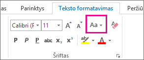 Mygtukas Keisti didžiąsias raides mažosiomis ir atvirkščiai skirtuke Teksto formatavimas