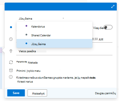 Dialogo langas Naujas įvykis su atidarytu kalendoriaus sąrašu ir pasirinkta parinktimi Jūsų šeima.