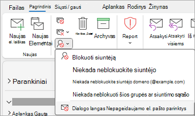 Ekrano nuotrauka, rodanti Blokuoti siuntėją išplečiamąjį sąrašą su pasirinktomis nepageidaujamo el. pašto parinktimis