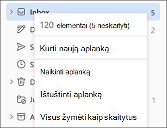 Ekrano kopija, kurioje rodomas dešiniuoju pelės mygtuku spustelėjus aplanką