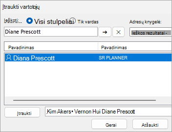 Vartotojų, su kuriais bendrinamas aplankas, įtraukimo ekrano nuotrauka