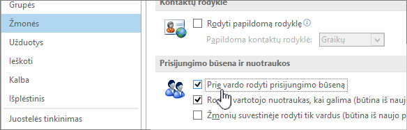 People tab in the Options dialog with Display online status highlighted