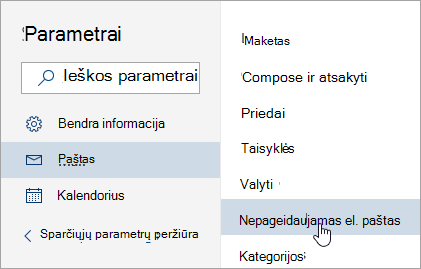 Ekrano nuotrauka, kurioje pateikiamas parametrų meniu su pasirinktais nepageidaujamais el. laiškais