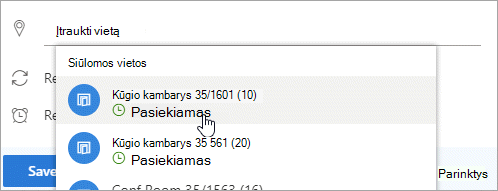 Siūlomų vietų meniu ekrano kopija