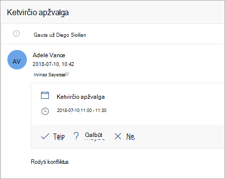 Atstovui nusiųsto susitikimo kvietimo ekrano kopija