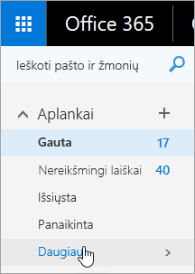Žymeklio, esančio virš mygtuko Daugiau naršymo srityje, internetinė „Outlook“, ekrano kopija.