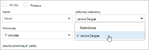 Meniu Įrašyti į kalendorių ekrano kopija.