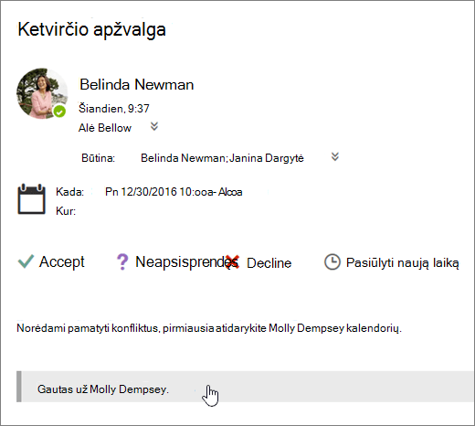 Nusiųsto susitikimo kvietimo į bendrinamą kalendorių ekrano kopija.