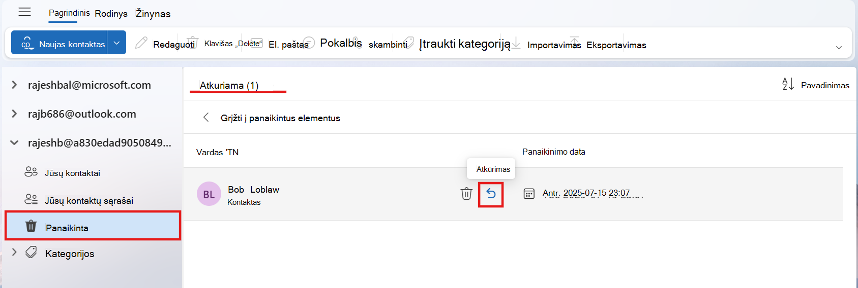 Atkuriamo aplanko, kuriame rodomas vienas kontaktas su paryškinimais atkūrimo piktogramoje ir atkurtino aplanko pavadinimu, ekrano kopija